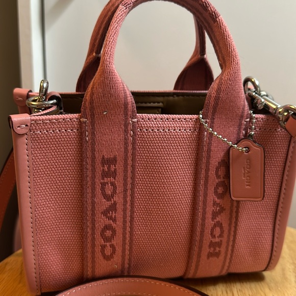 Coach Handbags - Coach Pink Mini Tote Bag Canvas Leather Crossbody Small Tote Purse